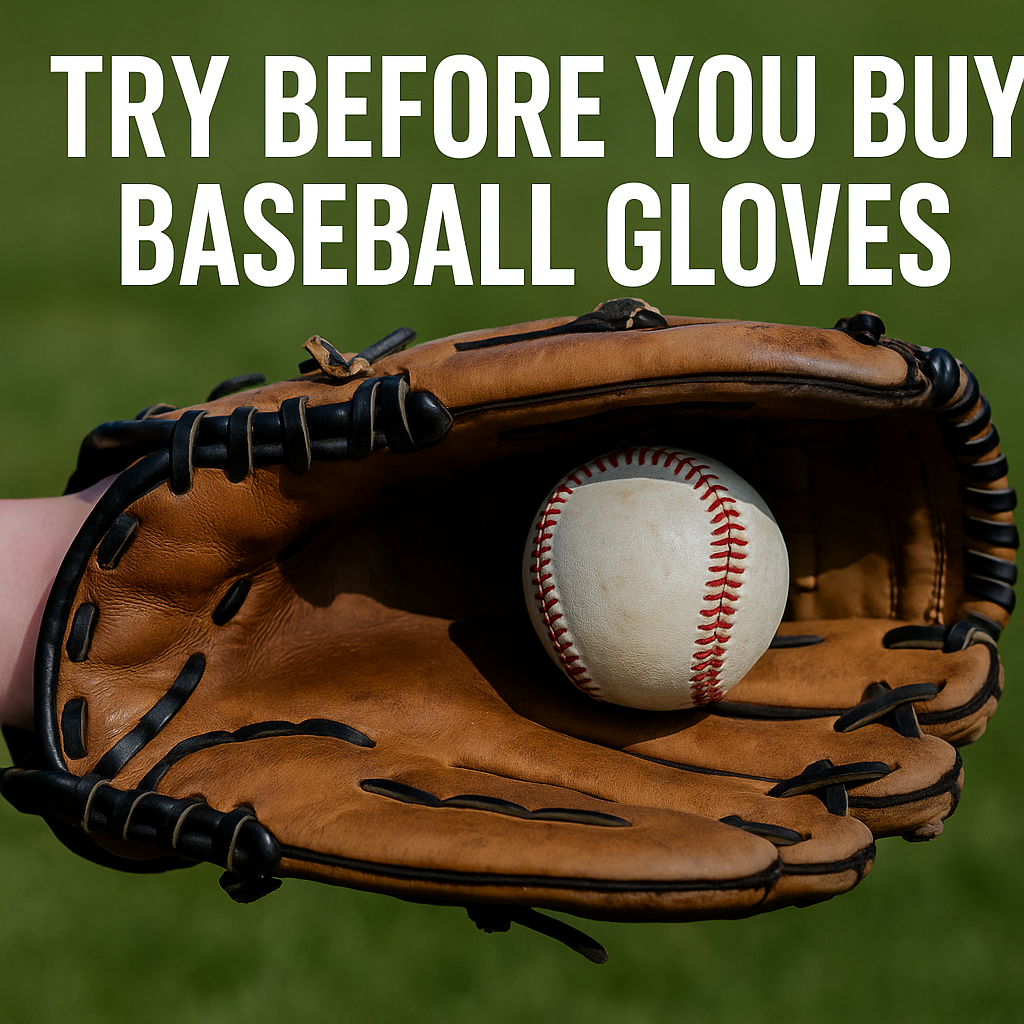 A promotional digital graphic features the concept of “Try Before You Buy Baseball Gloves,” showing a close-up of a tan leather glove with black lacing holding a baseball against a blurred green field background, with bold white text at the top.