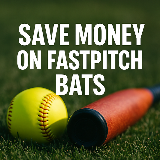 A promotional digital graphic features the phrase “SAVE MONEY ON FASTPITCH BATS” in bold white letters over a close-up of a red-orange fastpitch bat and bright yellow softball resting on green grass.