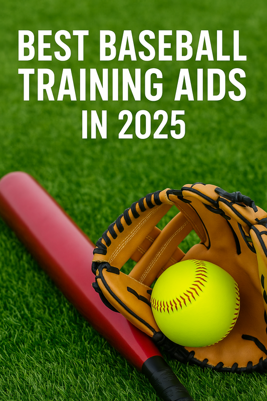 A promotional digital graphic for Gear Trybe showing baseball training aids with a glove holding a yellow softball, a red bat, and bold text reading 'Best Baseball Training Aids in 2025' on a grass background.