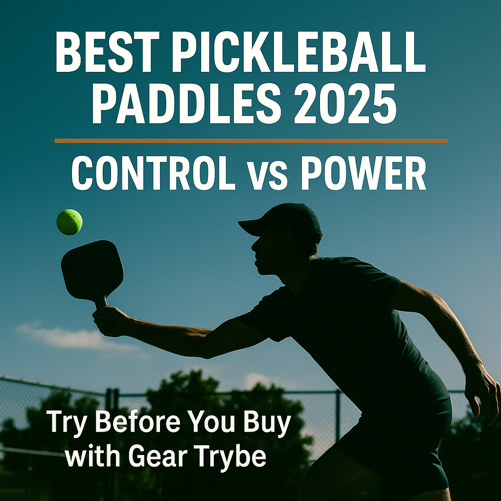 Promotional graphic for Gear Trybe featuring a pickleball player in action with overlay text highlighting ‘Try Before You Buy Pickleball Paddles’ and membership benefits.