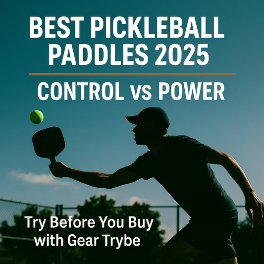 Promotional graphic for Gear Trybe featuring a pickleball player in action with overlay text highlighting ‘Try Before You Buy Pickleball Paddles’ and membership benefits.