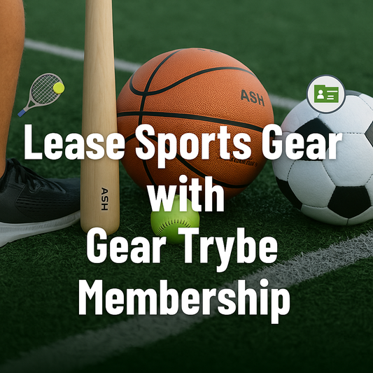 Gear Trybe promotional graphic highlighting membership benefits with athletes playing football, baseball, and pickleball, emphasizing try-before-you-buy sports equipment.
