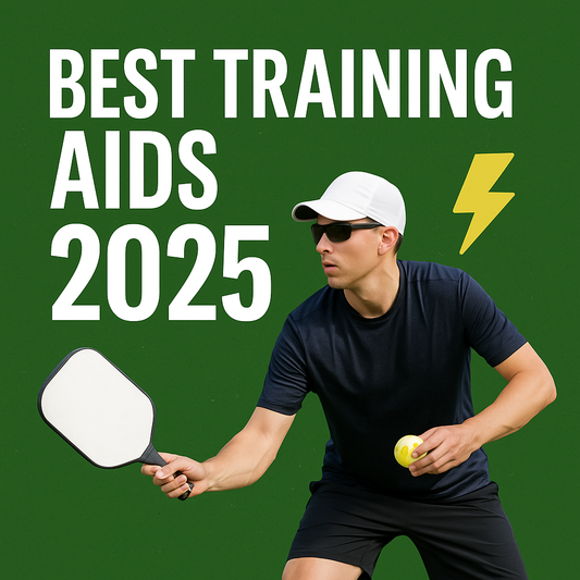 Promotional digital graphic with bold white headline “Best Training Aids 2025” on a green background, featuring a pickleball player holding a paddle and yellow ball, symbolizing sports training gear.