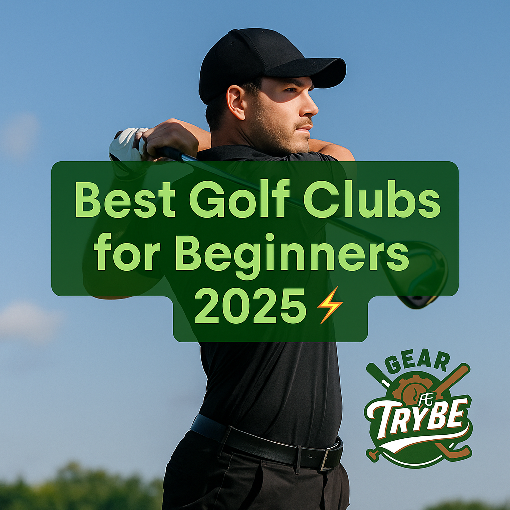 A promotional digital graphic for Gear Trybe showing a beginner golfer mid-swing on a sunny course, with bold text reading “Best Golf Clubs for Beginners 2025 ⚡” and the Gear Trybe logo at the bottom.