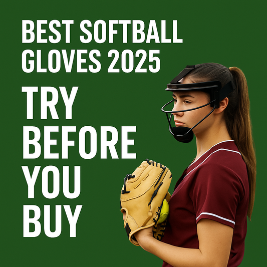 Promotional graphic for Gear Trybe featuring a female fastpitch softball player in a maroon jersey holding a tan glove with a yellow softball, with bold text “Best Softball Gloves 2025 ⚡ Try Before You Buy” on a green background.