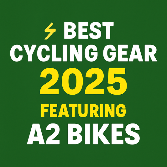 Promotional graphic featuring the headline “Best Cycling Gear 2025 ⚡ Featuring A2 Bikes” in bold white and yellow text on a Gear Trybe green background with the logo at the bottom.
