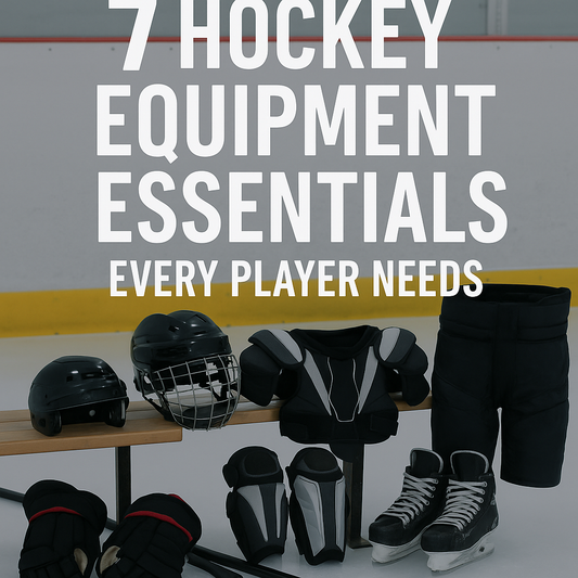 Hockey equipment essentials including helmet, shoulder pads, gloves, shin guards, and skates arranged on a bench with text overlay reading ‘7 Hockey Equipment Essentials Every Player Needs