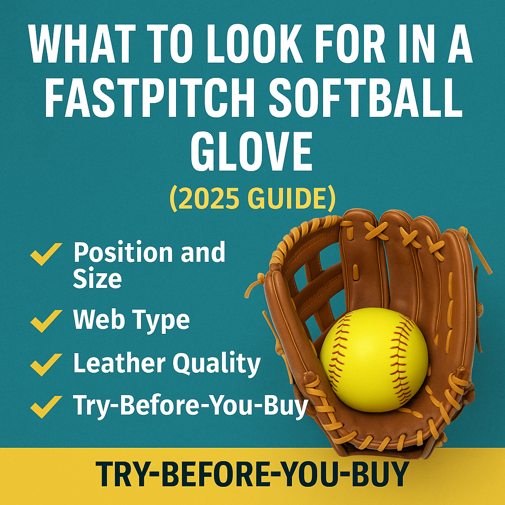 Fastpitch softball glove guide 2025 infographic showing a yellow softball in a brown leather glove with checklist of glove features: position and size, web type, leather quality, and try-before-you-buy.