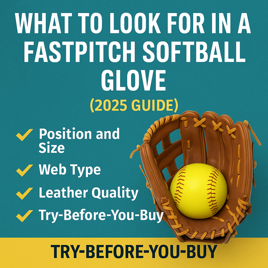 Fastpitch softball glove guide 2025 infographic showing a yellow softball in a brown leather glove with checklist of glove features: position and size, web type, leather quality, and try-before-you-buy.