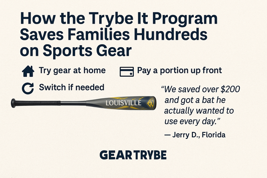 Promotional digital graphic for Gear Trybe’s Trybe It program showing a happy father and son with a Louisville Slugger Atlas bat, highlighting savings on sports gear and the ability to try before buying