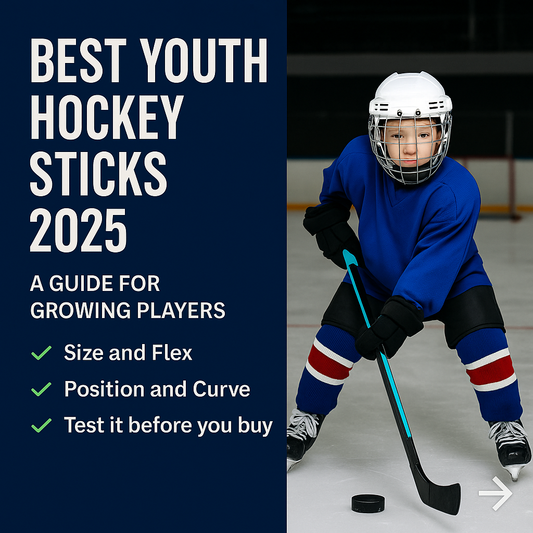 Promotional digital graphic for youth hockey sticks 2025 featuring a young player in full gear holding a hockey stick on the ice, with tips like “Size and Flex” and “Test it before you buy” on the left.