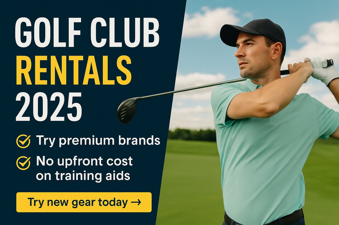 Promotional digital graphic for golf club rentals 2025 featuring a golfer mid-swing on a sunny course, with bold text highlighting “Try premium brands” and “No upfront cost on training aids,” plus a yellow call-to-action button.