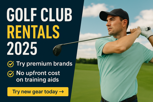 Promotional digital graphic for golf club rentals 2025 featuring a golfer mid-swing on a sunny course, with bold text highlighting “Try premium brands” and “No upfront cost on training aids,” plus a yellow call-to-action button.