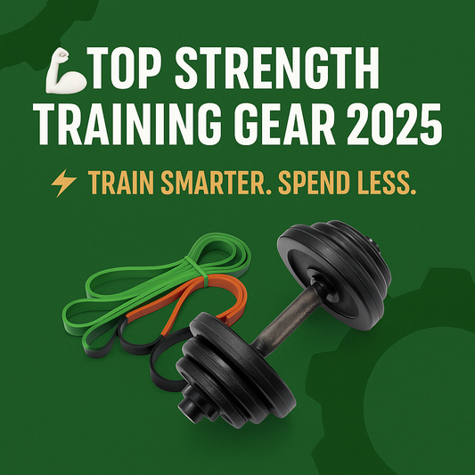 Promotional graphic featuring resistance bands and a dumbbell on a green background with bold text “Top Strength Training Gear 2025 ⚡ Train Smarter. Spend Less.” in Gear Trybe’s brand colors.