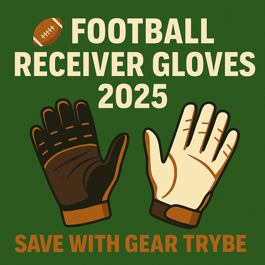 Promotional graphic featuring illustrated football receiver gloves on a Gear Trybe green background with bronze accents, bold text reading “Football Receiver Gloves 2025 ⚡ Save with Gear Trybe.