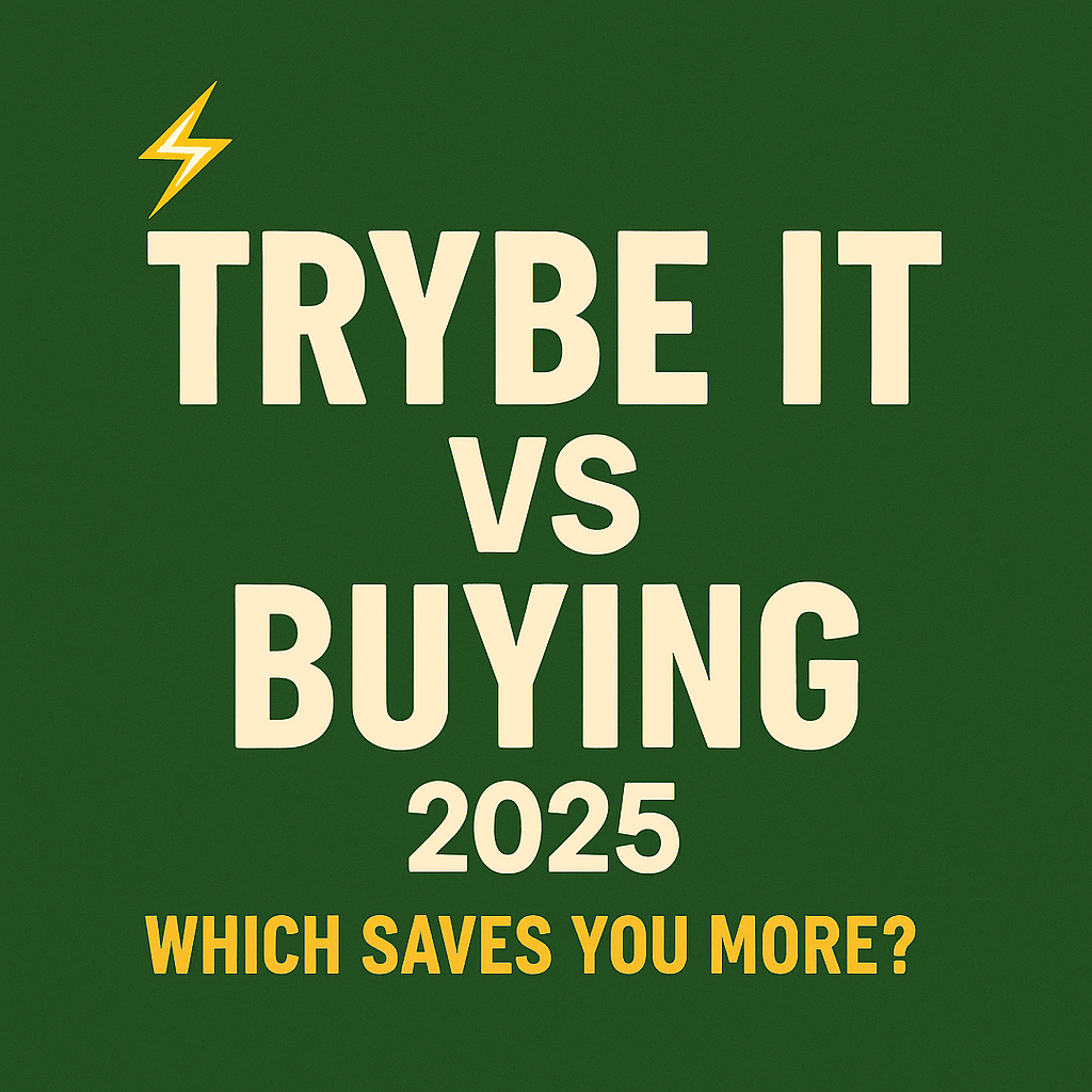 Square promotional graphic with bold text “Trybe It vs Buying 2025 ⚡ Which Saves You More?” on a Gear Trybe green background with bronze accents.