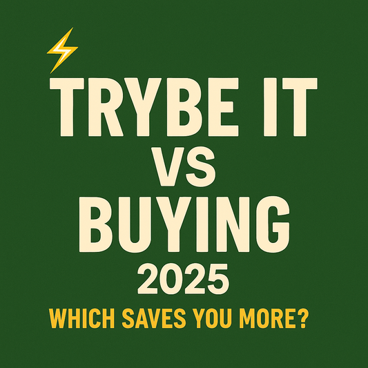 Square promotional graphic with bold text “Trybe It vs Buying 2025 ⚡ Which Saves You More?” on a Gear Trybe green background with bronze accents.