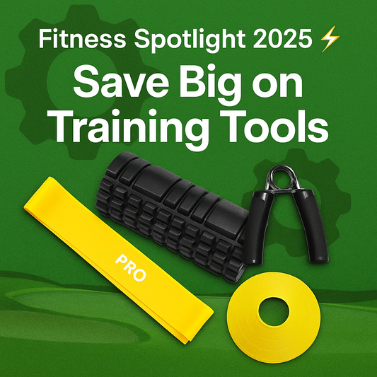 Promotional graphic featuring fitness training tools such as resistance bands, kettlebells, and mats, highlighting Gear Trybe’s affordable fitness gear collection with the headline “Fitness Spotlight: Training Tools to Save On” in Gear Trybe brand colors.