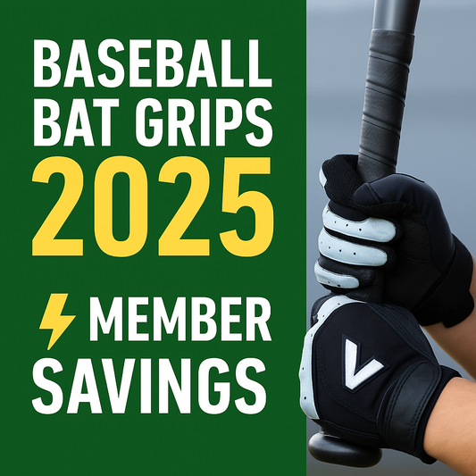 Promotional square graphic for Gear Trybe featuring bold text “Baseball Bat Grips 2025 ⚡ Member Savings” on a green background with a close-up of hands gripping a bat, highlighting membership savings.