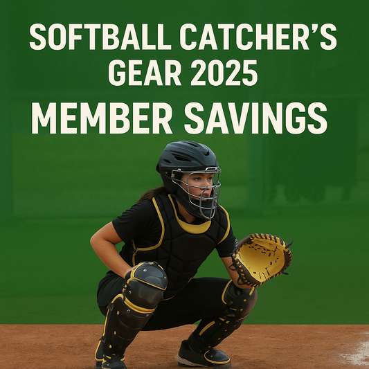 Promotional graphic featuring a female softball catcher in full gear crouched behind home plate, with bold text “Softball Catcher’s Gear 2025 ⚡ Member Savings” on a green background.