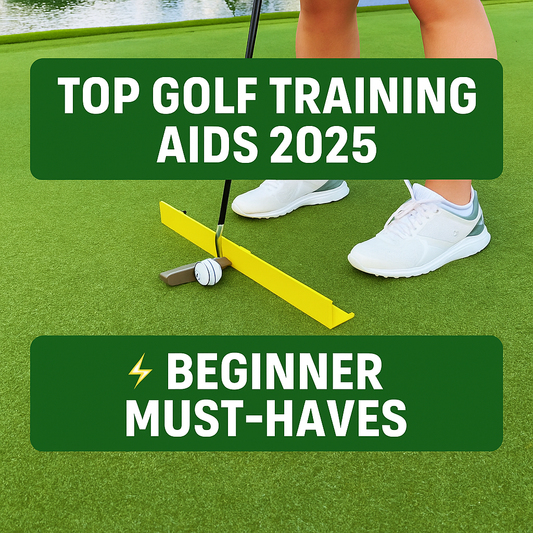Promotional graphic featuring a golfer holding a ball and putter with bold text “Top Golf Training Aids 2025 ⚡ Beginner Must-Haves” on a green background.