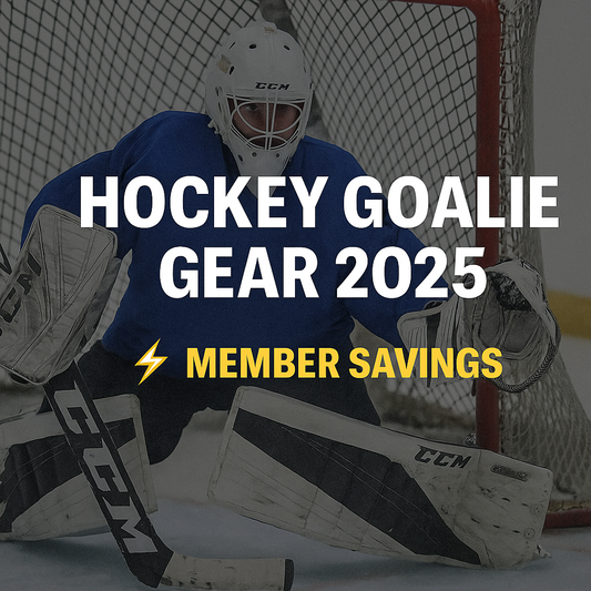 Promotional graphic featuring a hockey goalie in full gear making a save, with bold text “Hockey Goalie Gear 2025 ⚡ Member Savings” on a dark background.
