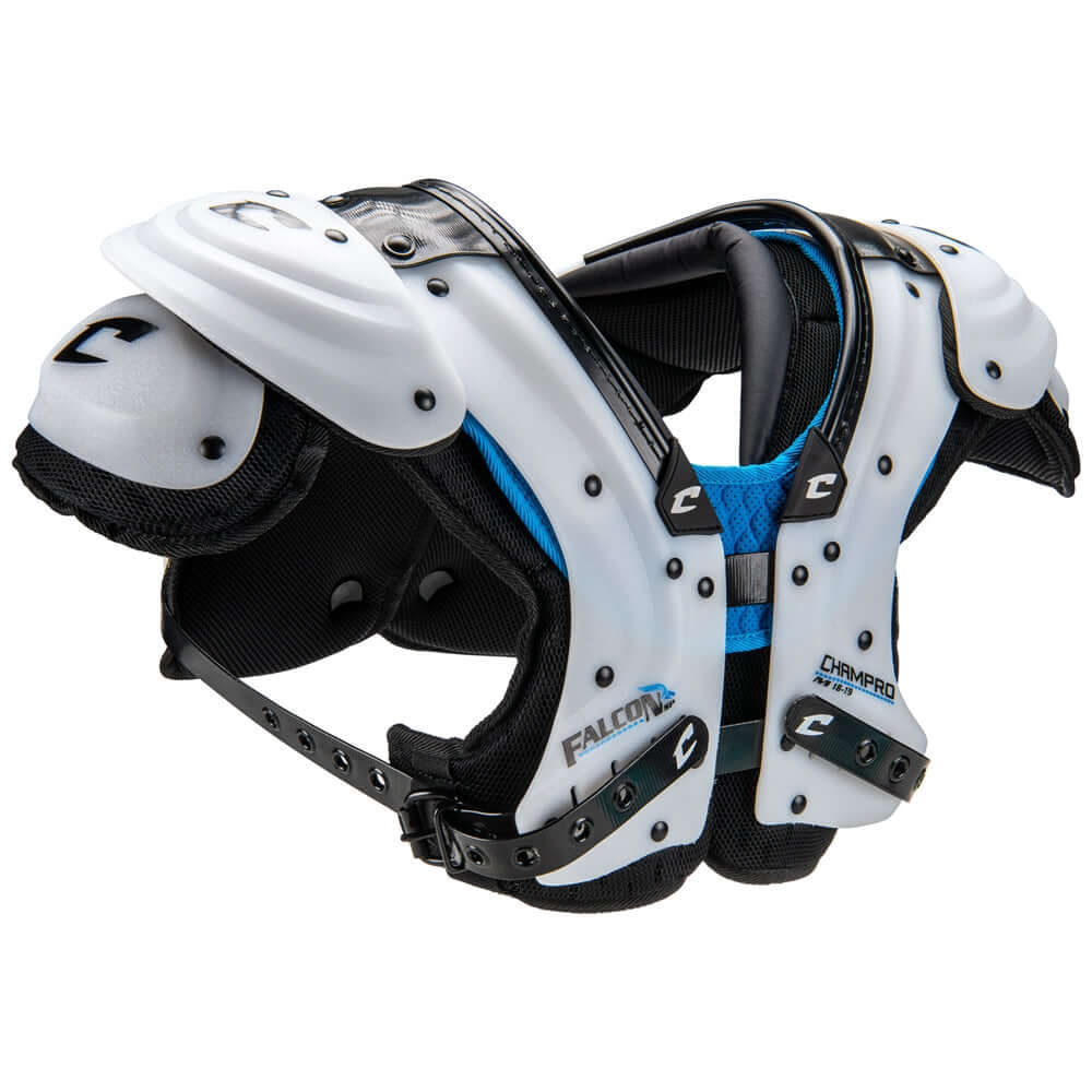 Champro Falcon shoulder pads for skill, multi, and lineman positions in black and white design.
