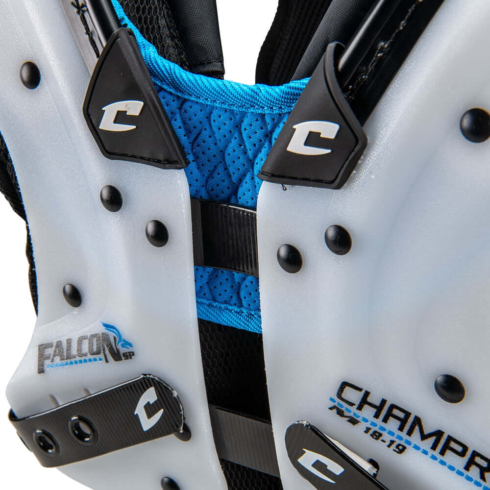 Close-up of Champro Falcon shoulder pads featuring breathable mesh and protective design for skill and lineman use.