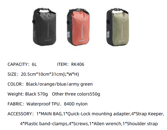 Rhinowalk Waterproof Quick Release Fork Bag-RK406 6L,Pannier Bag, Saddle Bag, Shoulder Bag