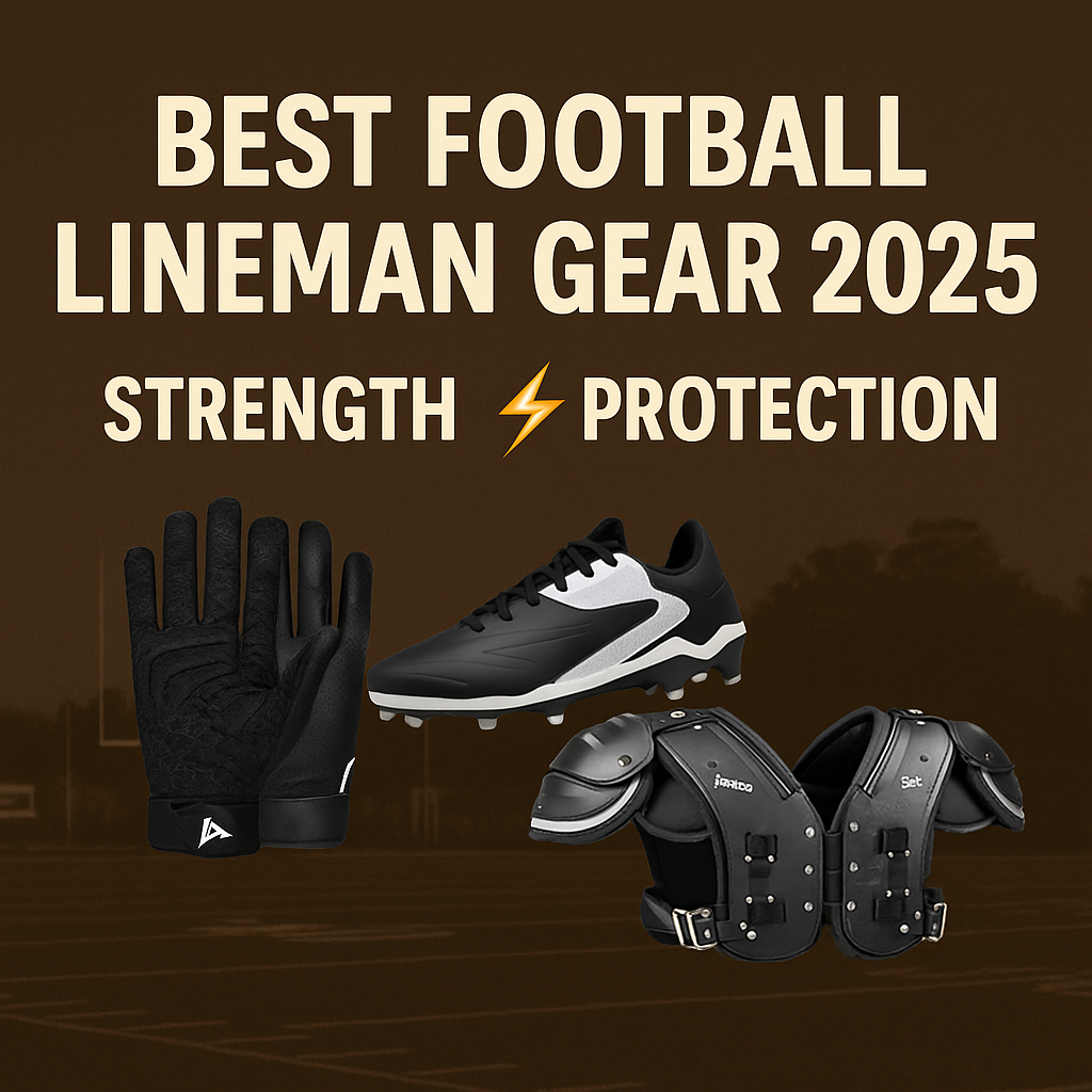 Promotional graphic featuring football lineman gear — gloves, cleats, and shoulder pads — with bold text “Best Football Lineman Gear 2025 ⚡ Strength + Protection” over a football field background.
