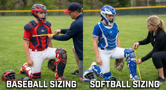 Split-screen image demonstrating how to size catcher's gear, with a coach measuring a baseball player for a chest protector on the left and a coach measuring a softball player for leg guards on the right.