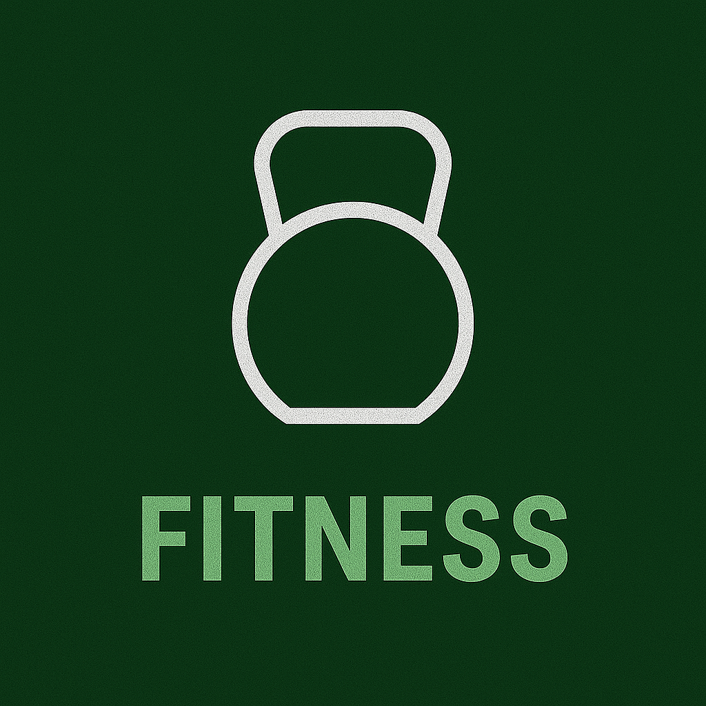Minimalist fitness kettlebell icon with the word 'FITNESS' in bold, green text on a dark background.