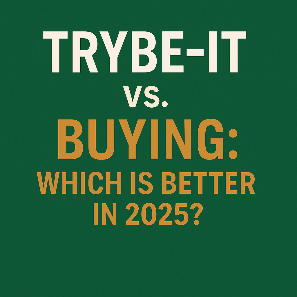 Gear Trybe promotional graphic with text Trybe-It vs. Buying: Which Is Better in 2025? in white and bronze on green background – Trybe-It vs. Buying Collection