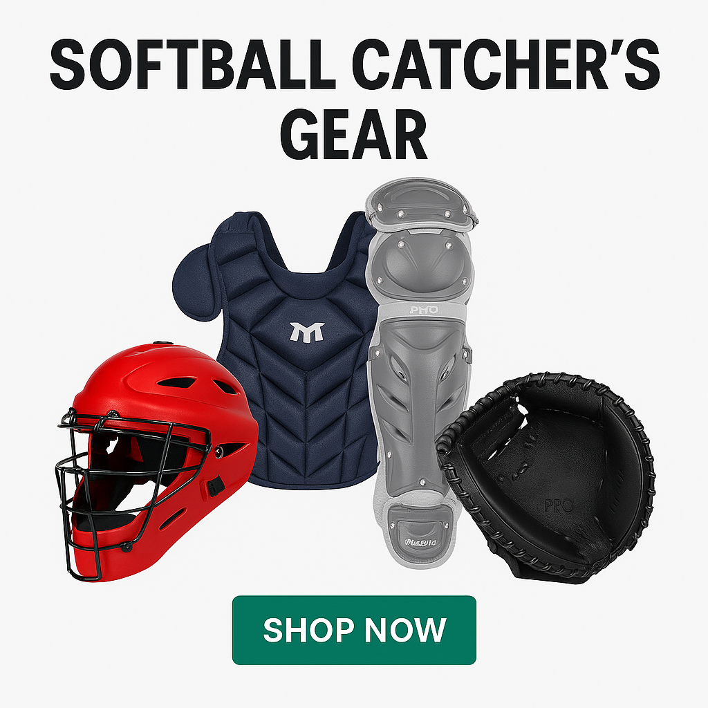 Fastpitch softball catcher in full gear including helmet, chest protector, and leg guards blocking a pitch – Softball Catcher’s Gear Collection at Gear Trybe