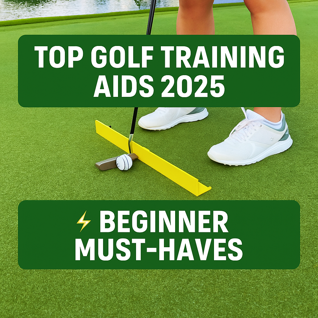 Promotional graphic featuring a golfer holding a ball and putter with bold text “Top Golf Training Aids 2025 ⚡ Beginner Must-Haves” on a green background.