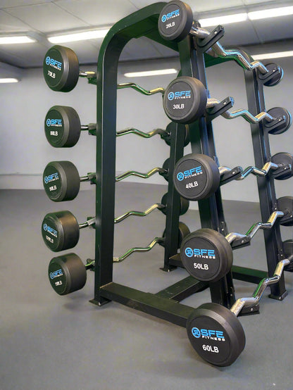 SFE Rubber Fixed EZ Curl Barbell SET 20LBs - 110LBs with Rack (New)