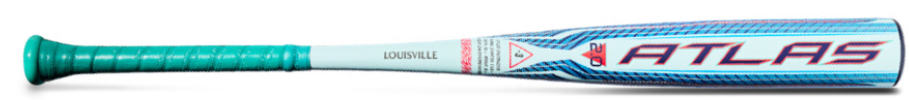 A Louisville Slugger Atlas baseball bat shown horizontally against a plain white background. The bat features a teal-green textured handle, a white barrel, and blue and red graphics with the 'ATLAS' model name and 'LOUISVILLE' team name.