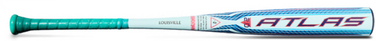 A Louisville Slugger Atlas baseball bat shown horizontally against a plain white background. The bat features a teal-green textured handle, a white barrel, and blue and red graphics with the 'ATLAS' model name and 'LOUISVILLE' team name.