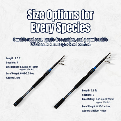 Reaction Tackle Telescopic Spinning Rod – Carbon Travel Fishing Rod – Collapsible Rod for Freshwater and Saltwater - NEW